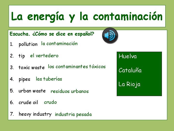 La energía y la contaminación Escucha. ¿Cómo se dice en español? 1. pollution la