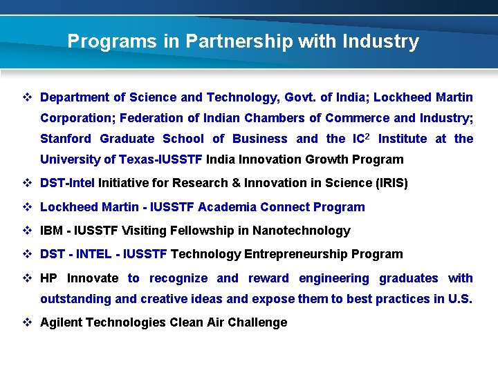 Programs in Partnership with Industry v Department of Science and Technology, Govt. of India;