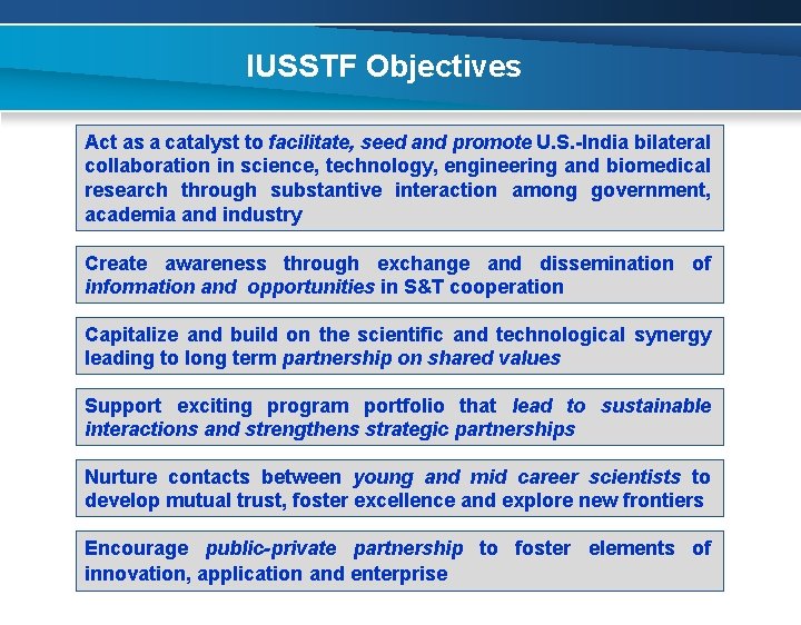 IUSSTF Objectives Act as a catalyst to facilitate, seed and promote U. S. -India