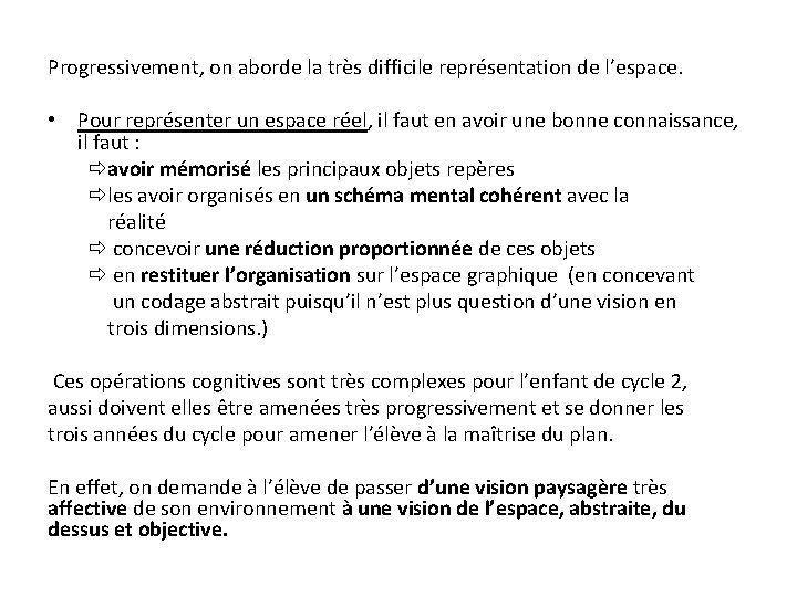 Progressivement, on aborde la très difficile représentation de l’espace. • Pour représenter un espace