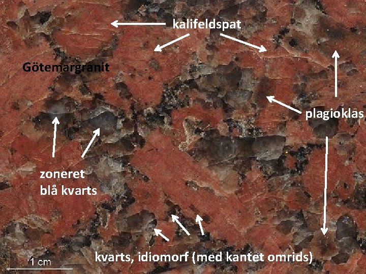 kalifeldspat Götemargranit plagioklas zoneret blå kvarts, idiomorf (med kantet omrids) 