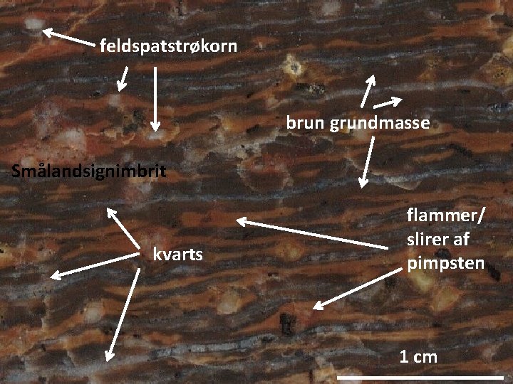 feldspatstrøkorn brun grundmasse Smålandsignimbrit kvarts flammer/ slirer af pimpsten 1 cm 