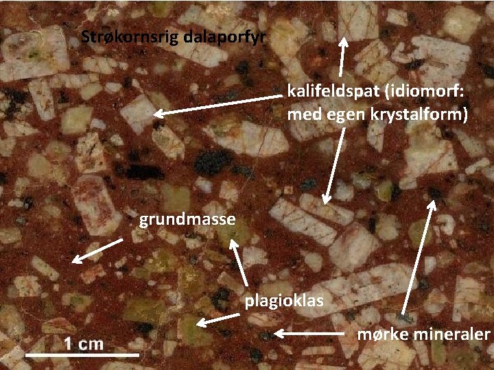 Strøkornsrig dalaporfyr kalifeldspat (idiomorf: med egen krystalform) grundmasse plagioklas mørke mineraler 