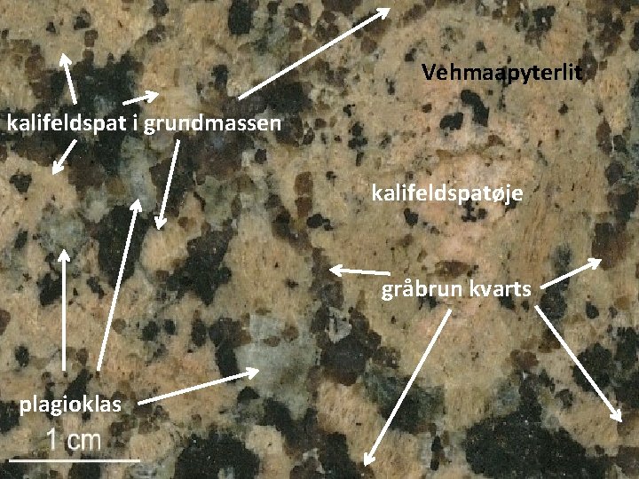 Vehmaapyterlit kalifeldspat i grundmassen kalifeldspatøje gråbrun kvarts plagioklas 