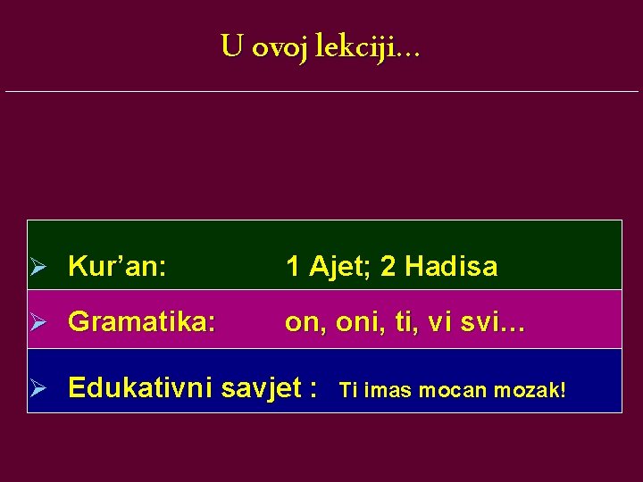 U ovoj lekciji… Ø Kur’an: 1 Ajet; 2 Hadisa Ø Gramatika: on, oni, ti,