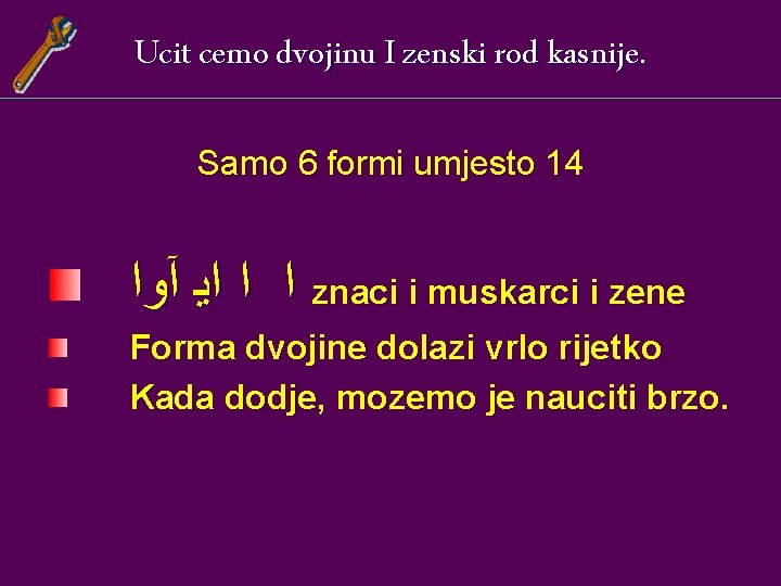 Ucit cemo dvojinu I zenski rod kasnije. Samo 6 formi umjesto 14 ﺍ ﺍ