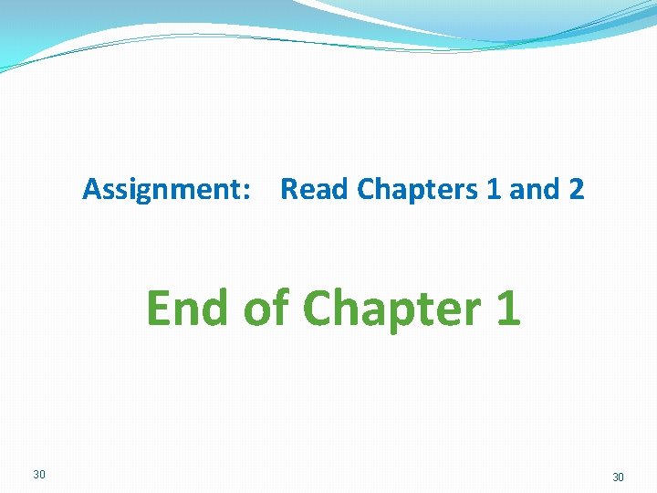 Assignment: Read Chapters 1 and 2 End of Chapter 1 30 30 Assignment: Read Chapters 1 and 2 End of Chapter 1 30 30
