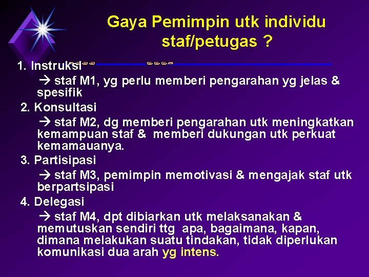 Gaya Pemimpin utk individu staf/petugas ? 1. Instruksi staf M 1, yg perlu memberi