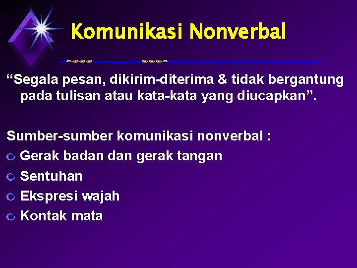 Komunikasi Nonverbal “Segala pesan, dikirim-diterima & tidak bergantung pada tulisan atau kata-kata yang diucapkan”.