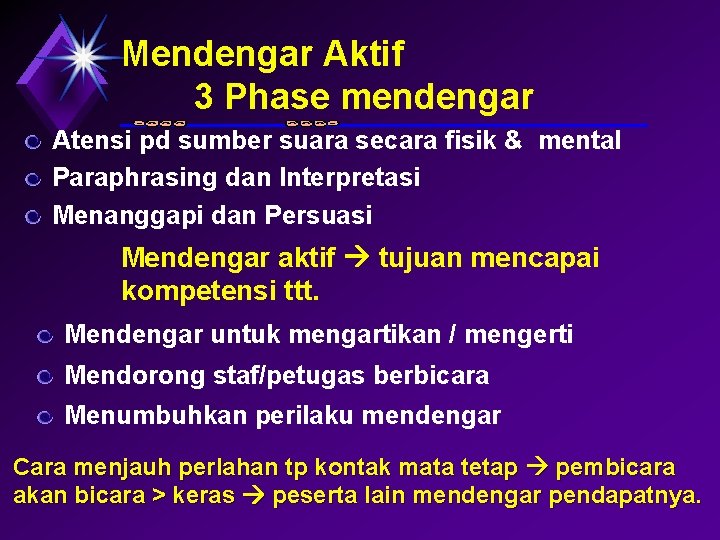 Mendengar Aktif 3 Phase mendengar Atensi pd sumber suara secara fisik & mental Paraphrasing
