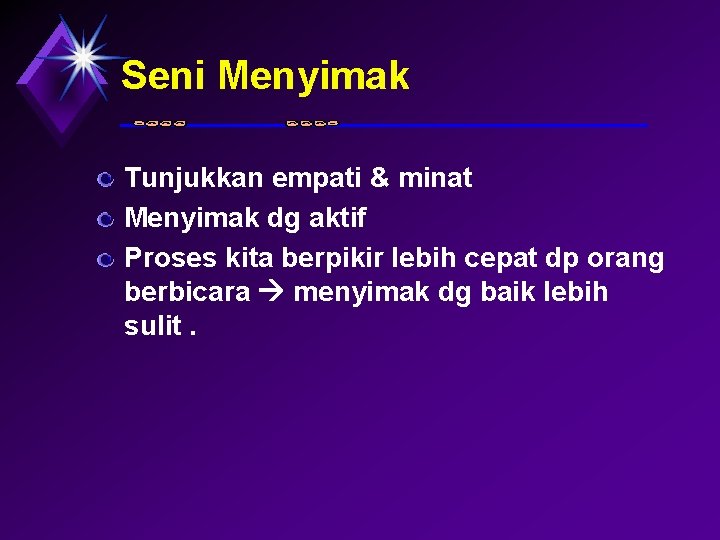 Seni Menyimak Tunjukkan empati & minat Menyimak dg aktif Proses kita berpikir lebih cepat