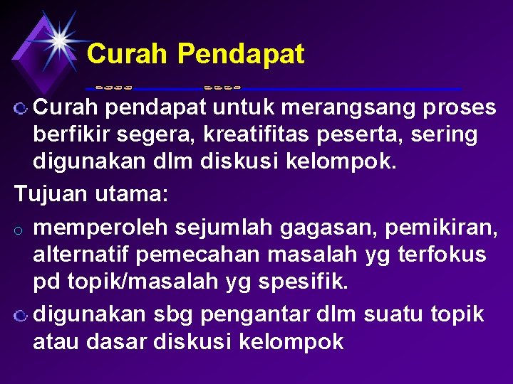 Curah Pendapat Curah pendapat untuk merangsang proses berfikir segera, kreatifitas peserta, sering digunakan dlm