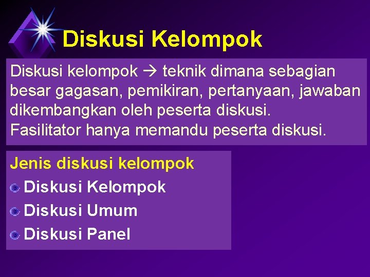 Diskusi Kelompok Diskusi kelompok teknik dimana sebagian besar gagasan, pemikiran, pertanyaan, jawaban dikembangkan oleh