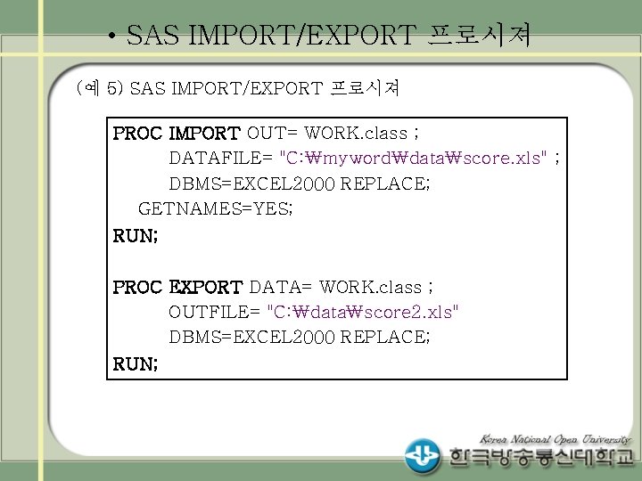  • SAS IMPORT/EXPORT 프로시져 (예 5) SAS IMPORT/EXPORT 프로시져 PROC IMPORT OUT= WORK.