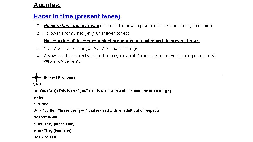 Apuntes: Hacer in time (present tense) 1. Hacer in time present tense is used