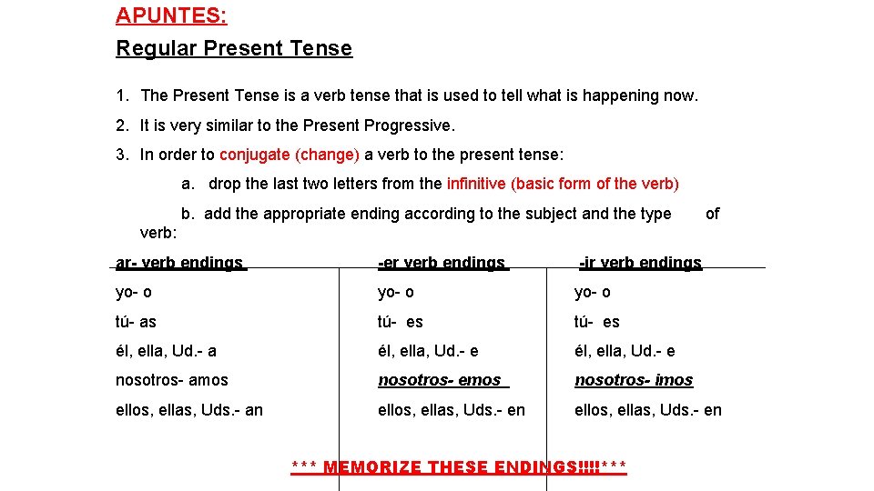 APUNTES: Regular Present Tense 1. The Present Tense is a verb tense that is
