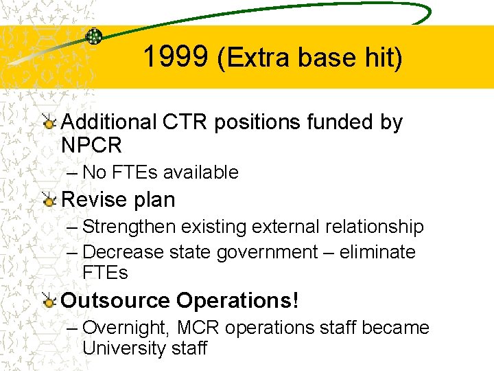 1999 (Extra base hit) Additional CTR positions funded by NPCR – No FTEs available