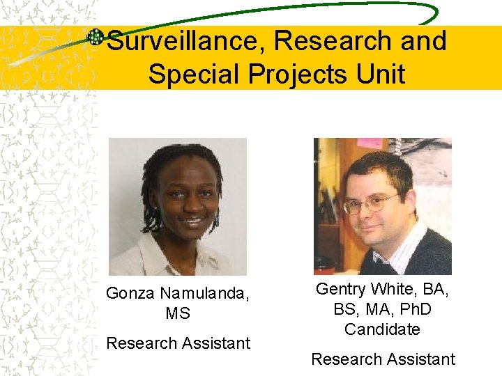 Surveillance, Research and Special Projects Unit Gonza Namulanda, MS Research Assistant Gentry White, BA,