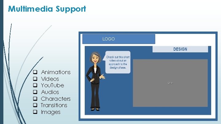 Multimedia Support LOGO q q q q Animations Videos You. Tube Audios Characters Transitions