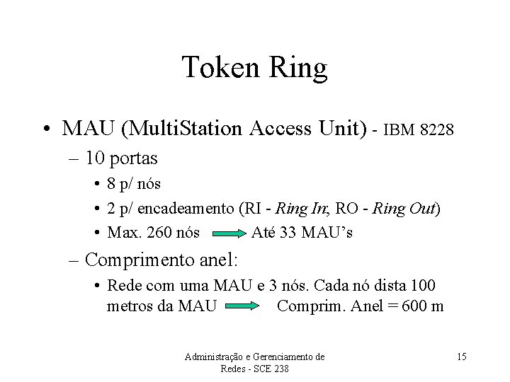 Token Ring • MAU (Multi. Station Access Unit) - IBM 8228 – 10 portas