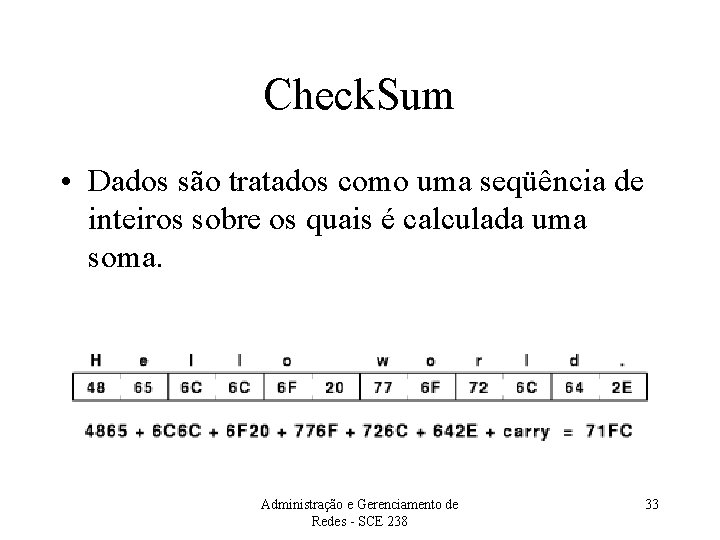 Check. Sum • Dados são tratados como uma seqüência de inteiros sobre os quais