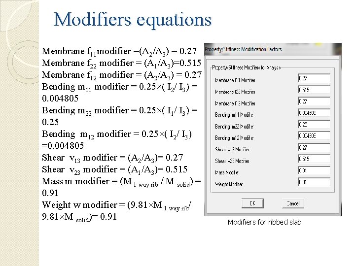 Modifiers equations Membrane f 11 modifier =(A 2/A 3) = 0. 27 Membrane f