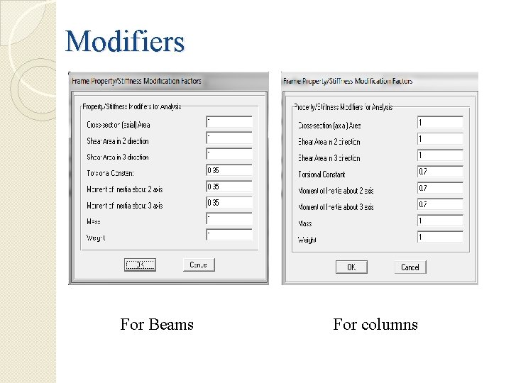 Modifiers For Beams For columns 