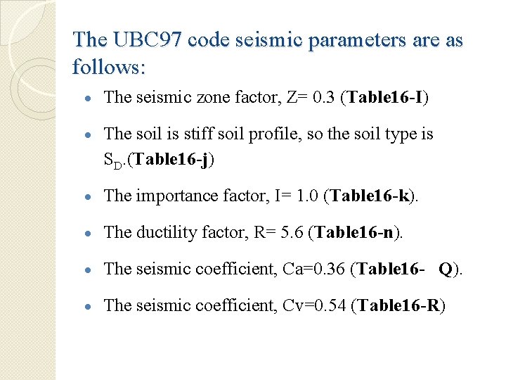 The UBC 97 code seismic parameters are as follows: The seismic zone factor, Z=