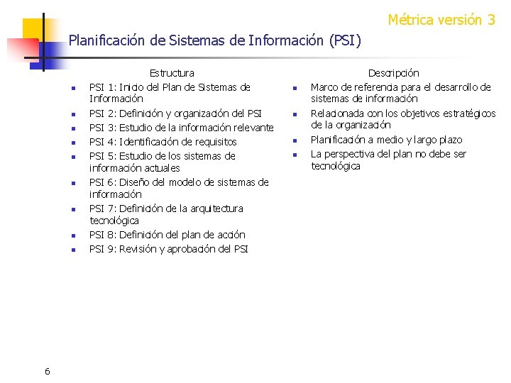 Métrica versión 3 Planificación de Sistemas de Información (PSI) n n n n n