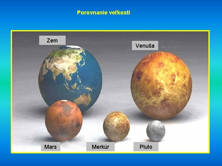 Porovnanie veľkosti Zem Mars Venuša Merkúr Pluto 