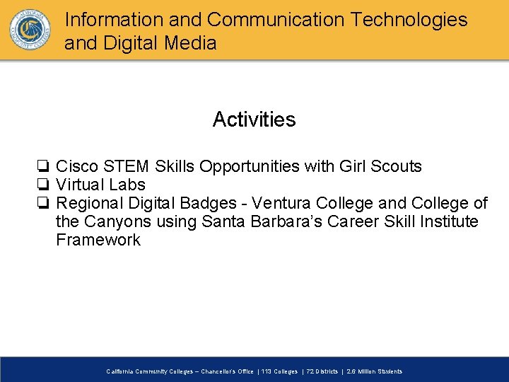 Information and Communication Technologies and Digital Media Activities ❏ Cisco STEM Skills Opportunities with