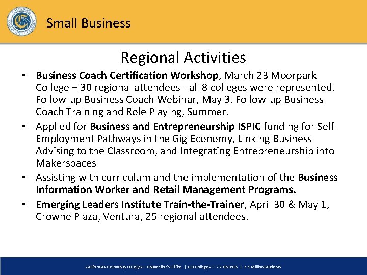 Small Business Regional Activities • Business Coach Certification Workshop, March 23 Moorpark College –