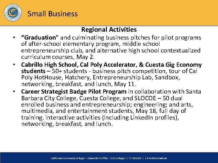 Small Business Regional Activities • “Graduation” and culminating business pitches for pilot programs of