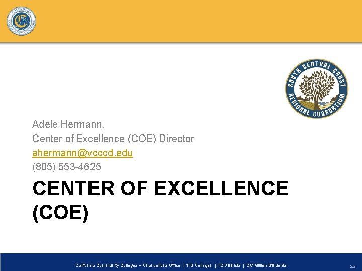 Adele Hermann, Center of Excellence (COE) Director ahermann@vcccd. edu (805) 553 -4625 CENTER OF