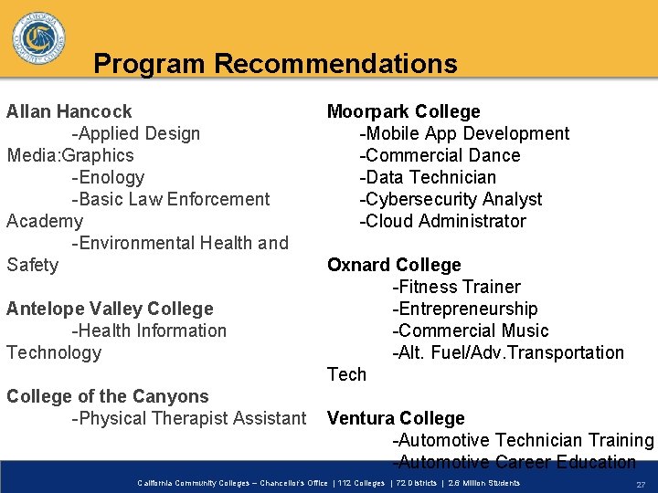 Program Recommendations Allan Hancock -Applied Design Media: Graphics -Enology -Basic Law Enforcement Academy -Environmental