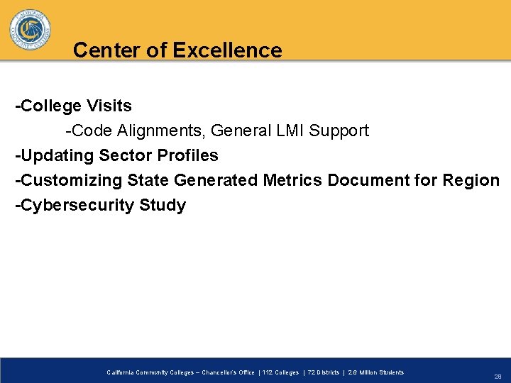 Center of Excellence -College Visits -Code Alignments, General LMI Support -Updating Sector Profiles -Customizing