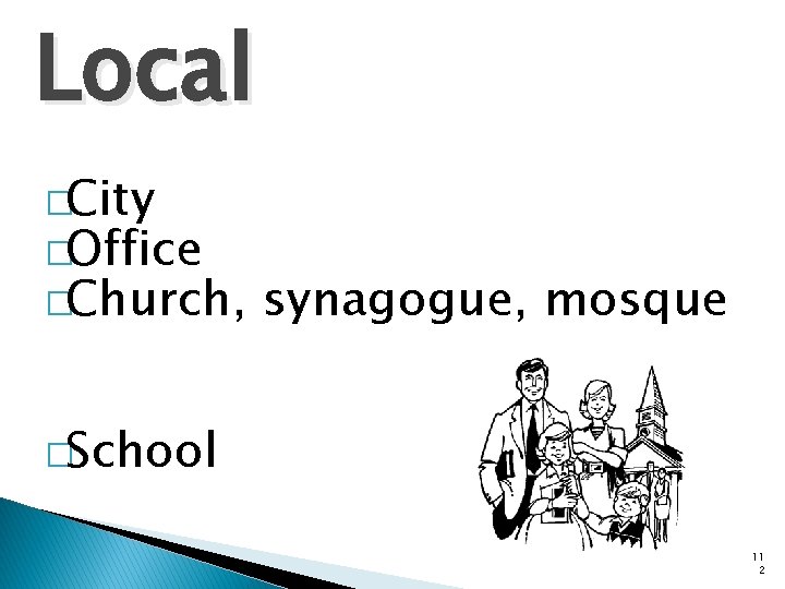 Local �City �Office �Church, synagogue, mosque �School 11 2 