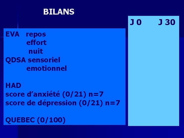 BILANS J 0 EVA repos effort nuit QDSA sensoriel emotionnel HAD score d’anxiété (0/21)