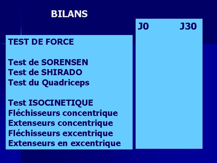 BILANS J 0 TEST DE FORCE Test de SORENSEN Test de SHIRADO Test du