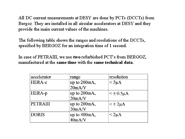 All DC current measurements at DESY are done by PCTs (DCCTs) from Bergoz. They