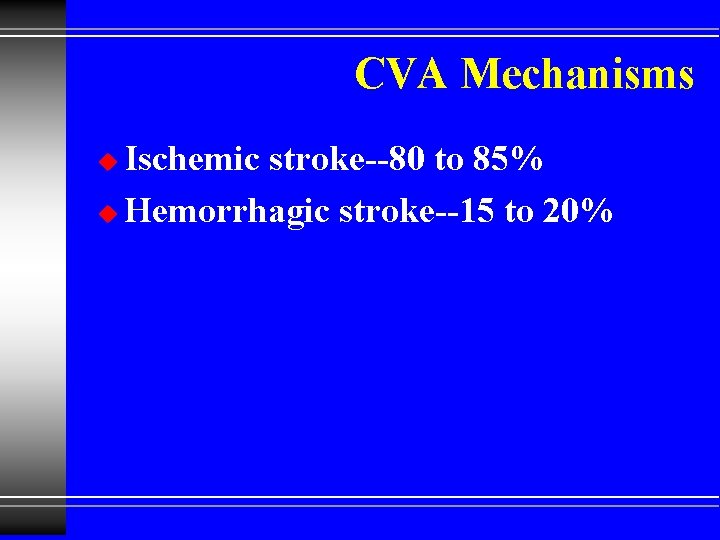 CVA Mechanisms Ischemic stroke--80 to 85% u Hemorrhagic stroke--15 to 20% u 