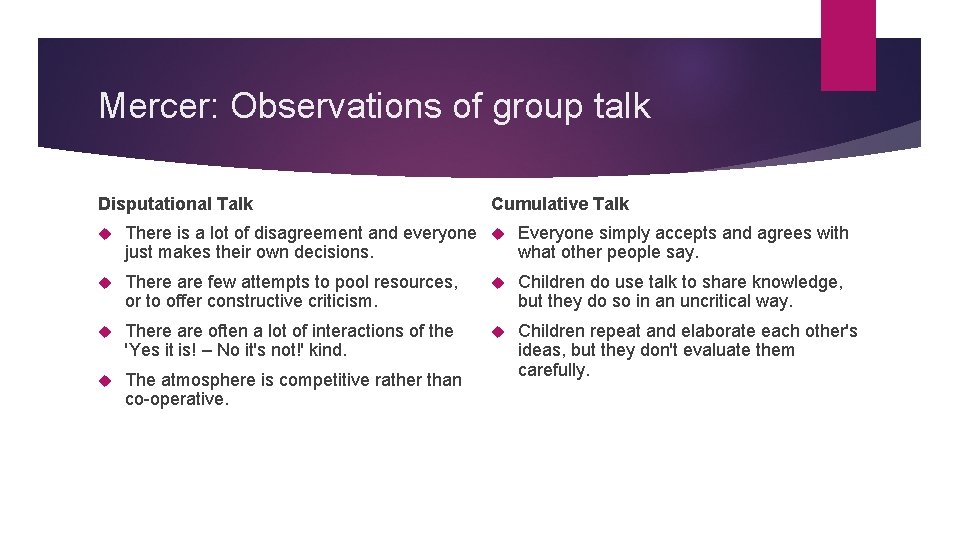 Mercer: Observations of group talk Disputational Talk Cumulative Talk There is a lot of