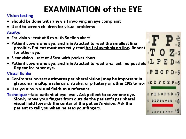 EXAMINATION of the EYE Vision testing • Should be done with any visit involving