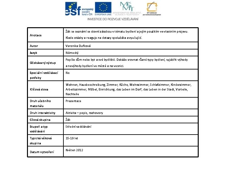 Anotace Žák se seznámí se slovní zásobou v tématu bydlení a jejím použitím ve Anotace Žák se seznámí se slovní zásobou v tématu bydlení a jejím použitím ve