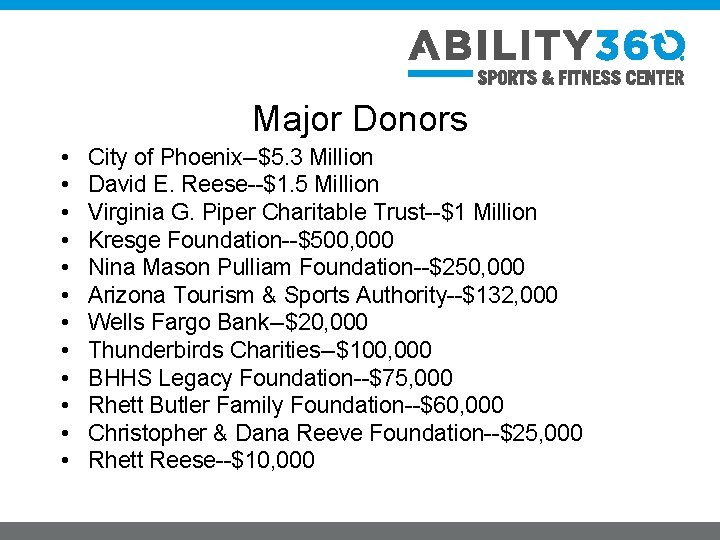 Major Donors • • • City of Phoenix--$5. 3 Million David E. Reese--$1. 5
