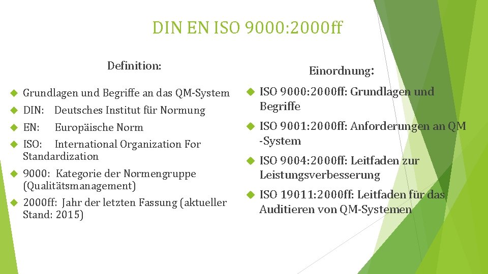 DIN EN ISO 9000: 2000 ff Definition: Grundlagen und Begriffe an das QM-System DIN: