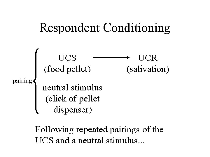 Respondent Conditioning UCS (food pellet) pairing UCR (salivation) neutral stimulus (click of pellet dispenser)