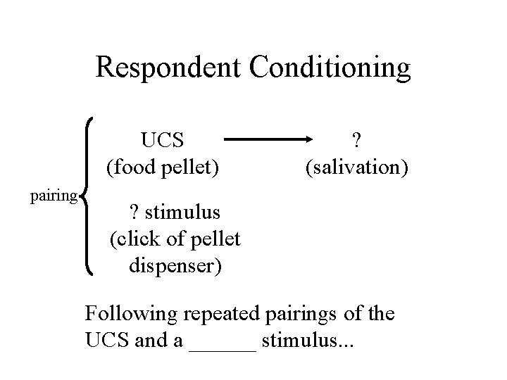 Respondent Conditioning UCS (food pellet) pairing ? (salivation) ? stimulus (click of pellet dispenser)