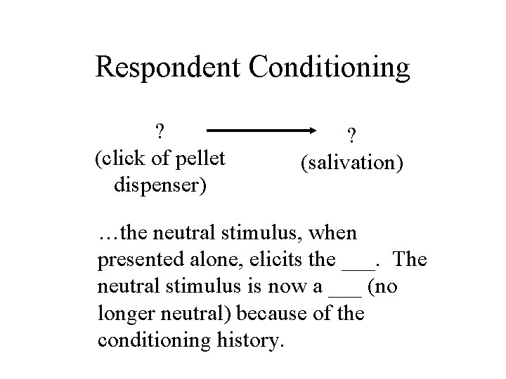 Respondent Conditioning ? (click of pellet dispenser) ? (salivation) …the neutral stimulus, when presented