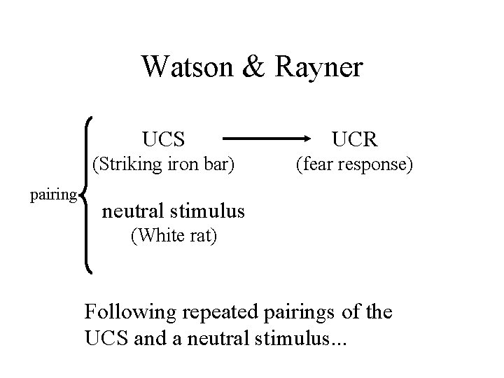 Watson & Rayner pairing UCS UCR (Striking iron bar) (fear response) neutral stimulus (White